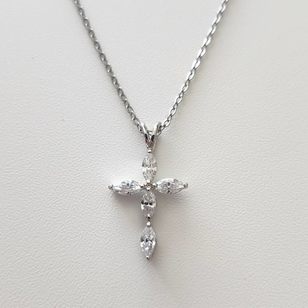 Silver Tone Clear Glass Rhinestone Cross Pendant Necklace Marquise Faith Chain